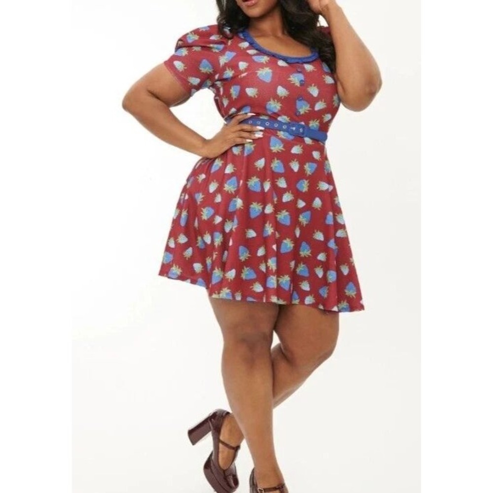 Smak Parlour burgundy blue strawberry dress 2X mini fit and flare retro twee